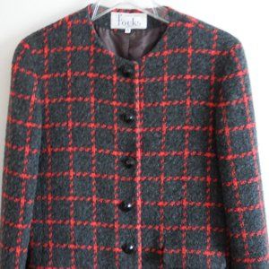 Fouk's Charcoal Gray/Red Plaid Lambs Wool/Angora/Cashmere Coat 40/US 8
